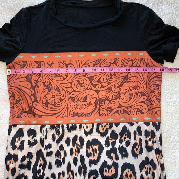 Punchy Western Cheetah Leopard Embroidered Faux Leather Short Sleeve T ShirT - Picture 5 of 8